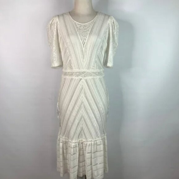 BCBGMaxAzria NWT Flare Hem Lace White Ruffled Tiered Midi Dress, sz L - Picture 1 of 12